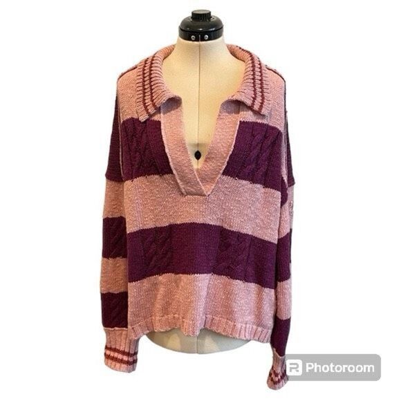 ✨Free People Pembrook Sz Medium Sweater in Moody Pink Combo Striped Cotton✨ - Picture 6 of 12
